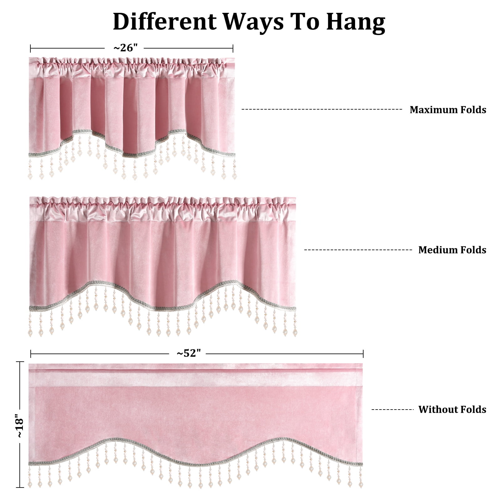 VOGOL Pink Velvet Scalloped Window Valance with Beaded Trim, Elegant Curved Curtain Topper for Bedroom Living Room