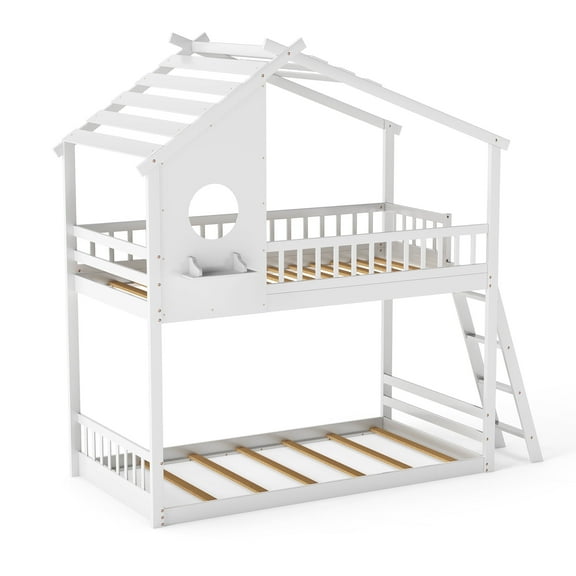 EDX Twin over Twin Wood Bunk Bed with Ladder , Low Loft Bunk Bed with Roof & Guardrails ,Easy Assembly, White