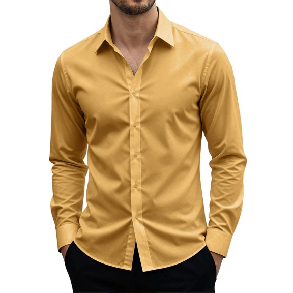 Domuza Men's Long Sleeve Button Up Stretch Dress Shirt Modern Slim Fit Wrinkle-Free Wedding Formal Shirts Yellow S