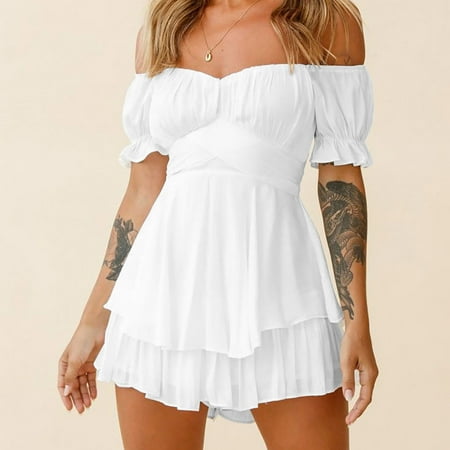 

Dasayo White Summer Romper Women Summer Casual Solid Color Short Sleeve Slash-Neck Women s Jumpsuit