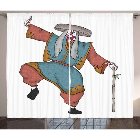 Kabuki Mask Curtains 2 Panels Set, Cultural Asian Character Posing with Traditional Hat Make Up and Costume Print, Window Drapes for Living Room Bedroom, 108W X 96L Inches, Multicolor, by Ambesonne