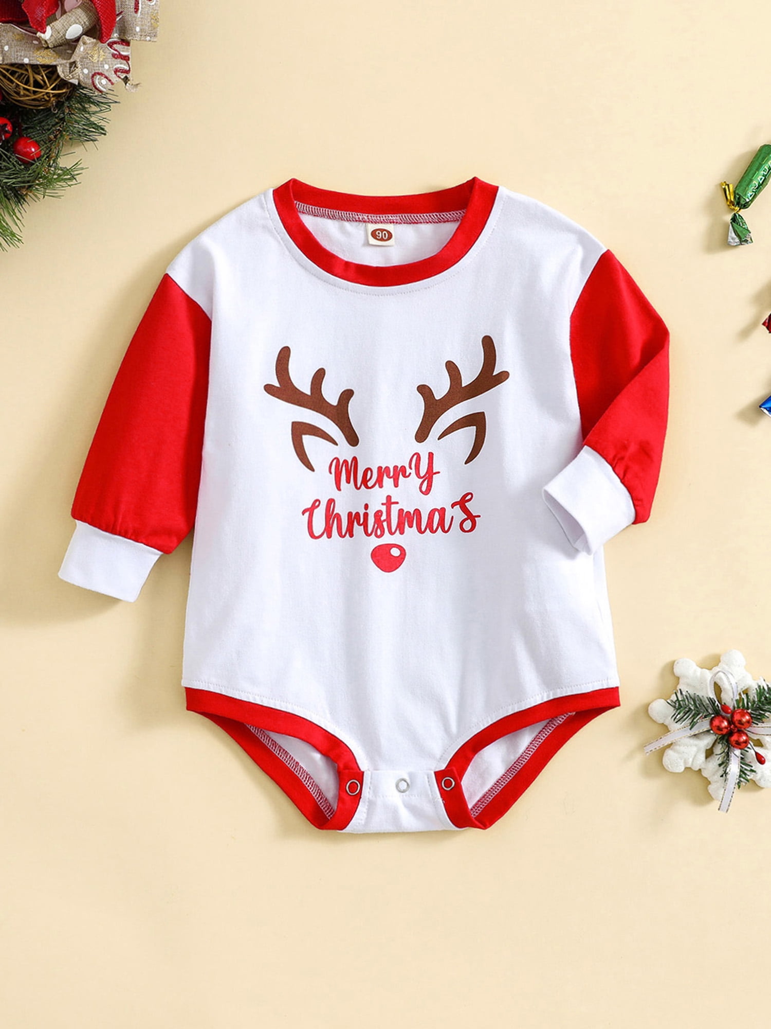 2pcs Christmas Elk Print Ribbed Faux-two Long-sleeve Baby Romper