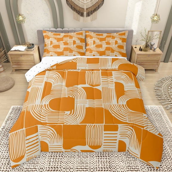 Feelyou Modern Cycle Square Bedding Comforter Set for Teen, Chic Patchwork Stripes Twin Comforter Sets, Orange Line Abstract Ombre Reversible Bedding Set, Super Cozy Room Decor, 2-Piece