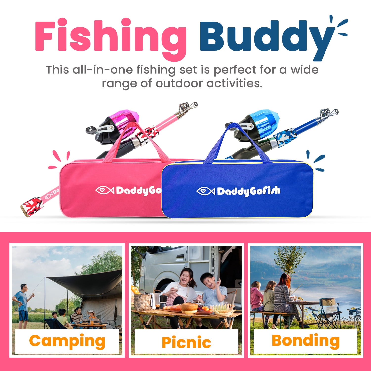 DaddyGoFish Kids Fishing Pole - Rod Reel Combo Tackle Box Starter Set - First Year Small Gear Kit for Boys Girls Toddler Youth Age Beginner Little Children (Essential Set, Blue + Pink, 4ft)