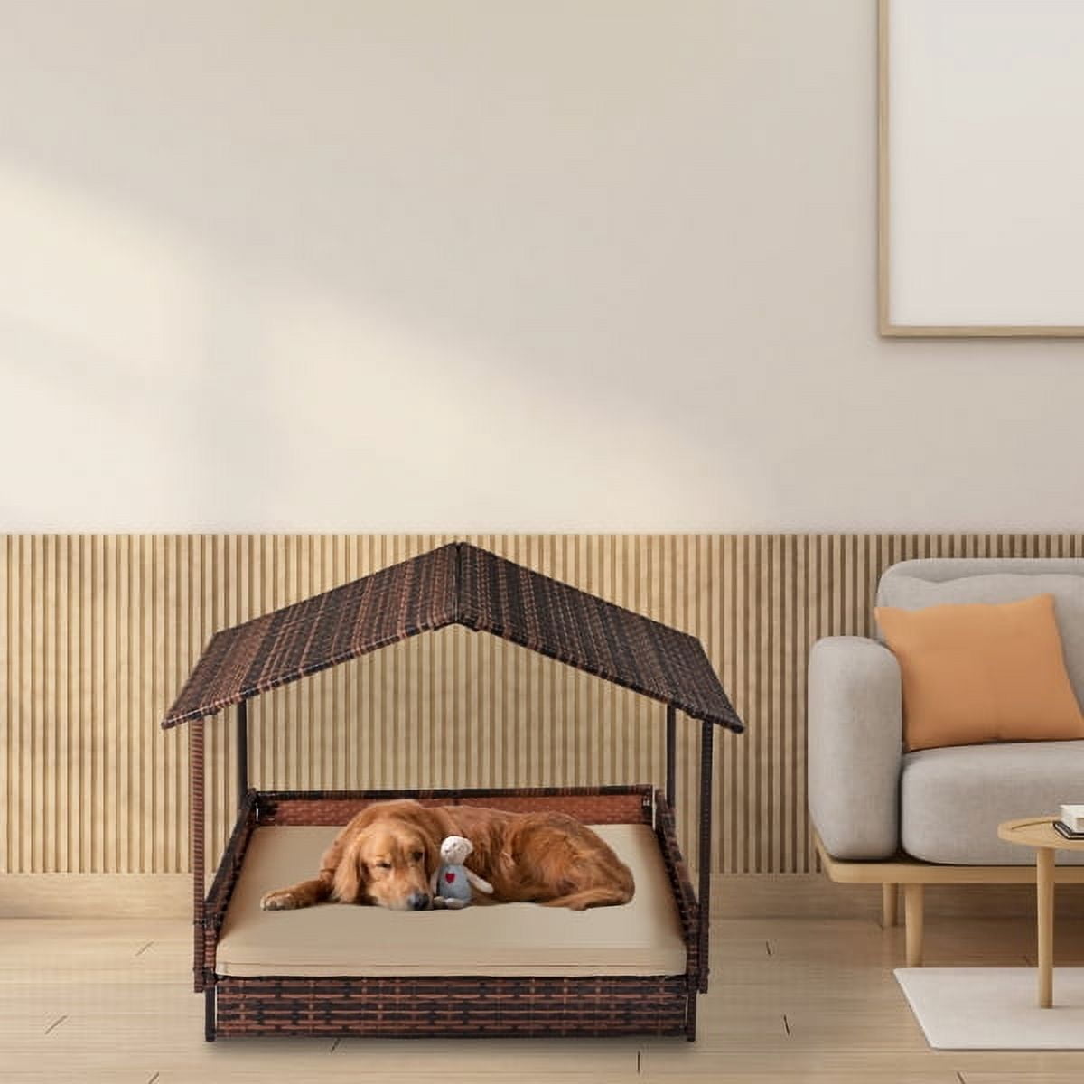 Dog House, Elevated Rattan Dog Bed with Canopy and Washable Cushion Cover, Indoor Outdoor Raised Pet House for Small Medium Dogs Cats, Brown