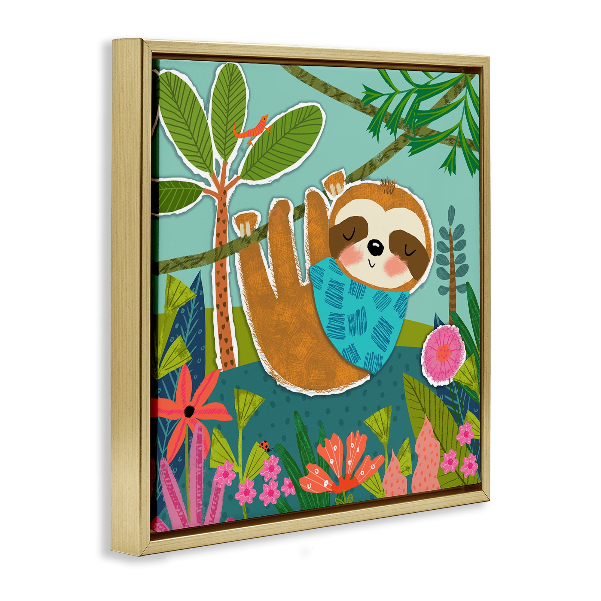 Stupell Industries Sleepy Sloth in Nature Animals Painting Gold Floater Framed Canvas Art Print Wall Art, 25 x 25