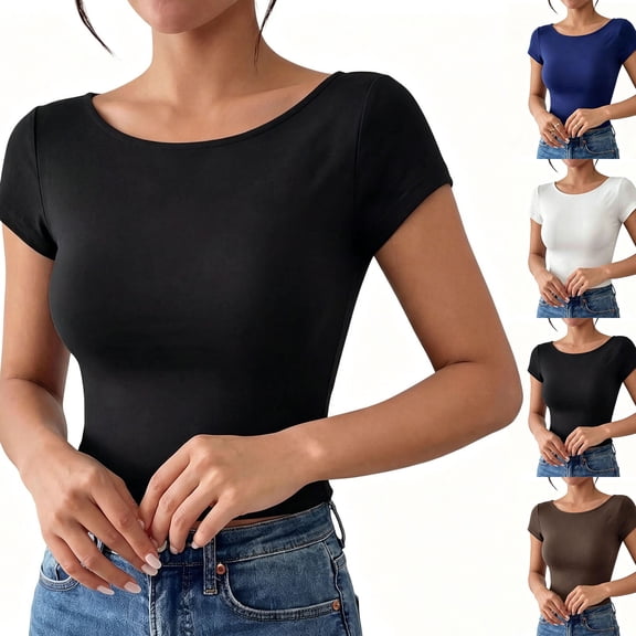 Women's U-Shaped Backless Short-Sleeve Tops Solid Color Boat Neck Base T-Shirt Bodycon Casual Tees Yoga Workout Tops White