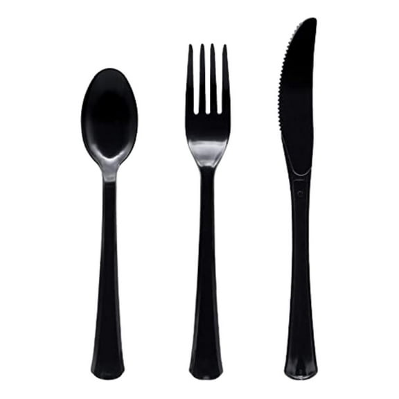 Heavy Duty Plastic Cutlery Set in Black Disposable Fork Spoon and Knives Fancy Flatware Utensil for Birthday Weddings 4th of July Holiday Parties Picnic Outdoor & Indoor Gatherings 32 Count Each