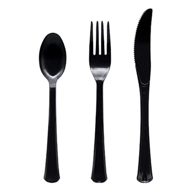 Heavy Duty Plastic Cutlery Set in Black Disposable Fork Spoon and Knives Fancy Flatware Utensil