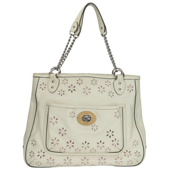 Pre-Owned Coach Tote Bag 22438 Poppy Eyelet Leather White Shoulder Chain Women's COACH (Fair)