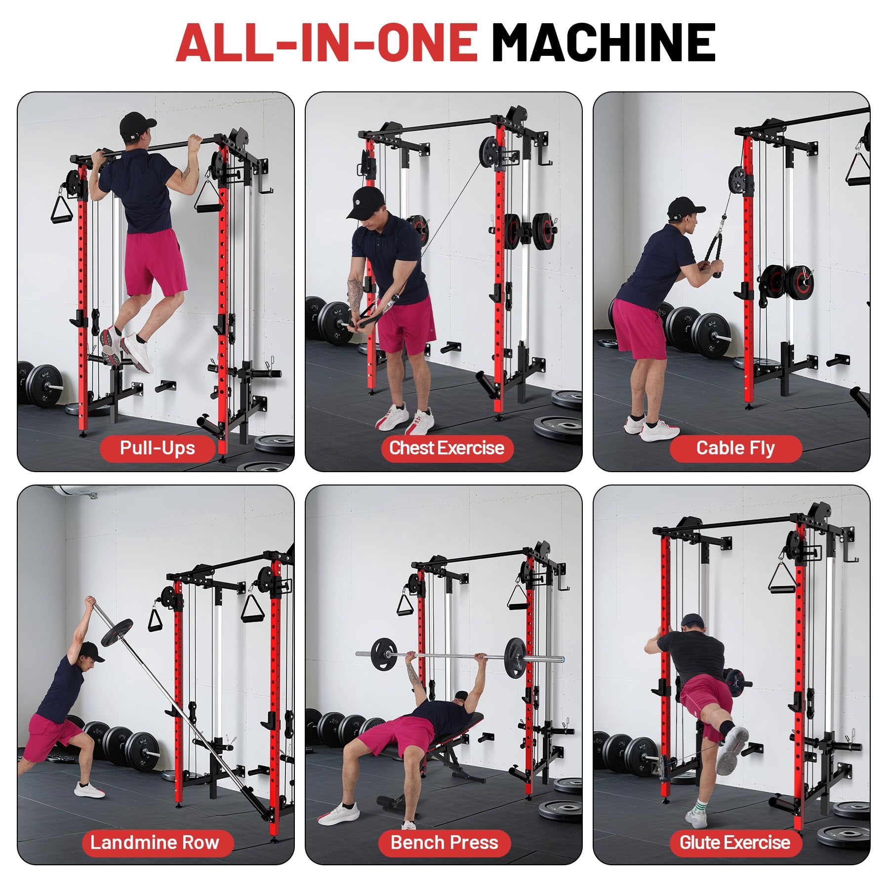 COZONY Folding Wall Mounted Squat Rack with Dual Pulley System & Pull Up Bar, Multi-Function Power Cage for Home Gym,Red