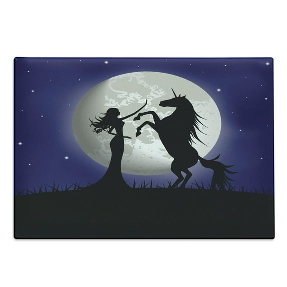 Horse Cutting Board, Silhouette of Rampant Horse and Long Curly Haired Girl on Giant Fullmoon, Decorative Tempered Glass Cutting and Serving Board, Large Size, Navy Blue and Charcoal, by Ambesonne
