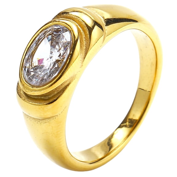 PAMTIER Stainless Steel Vintage Gemstone Rings for Women Retro Oval Cut Cubic Zirconia CZ Cocktail Party Band Jewelry Gift Gold White Size 6