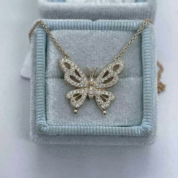 0.5Ct Round Moissanite Butterfly Pendant 18" Chain Free 14k Yellow Gold Plated