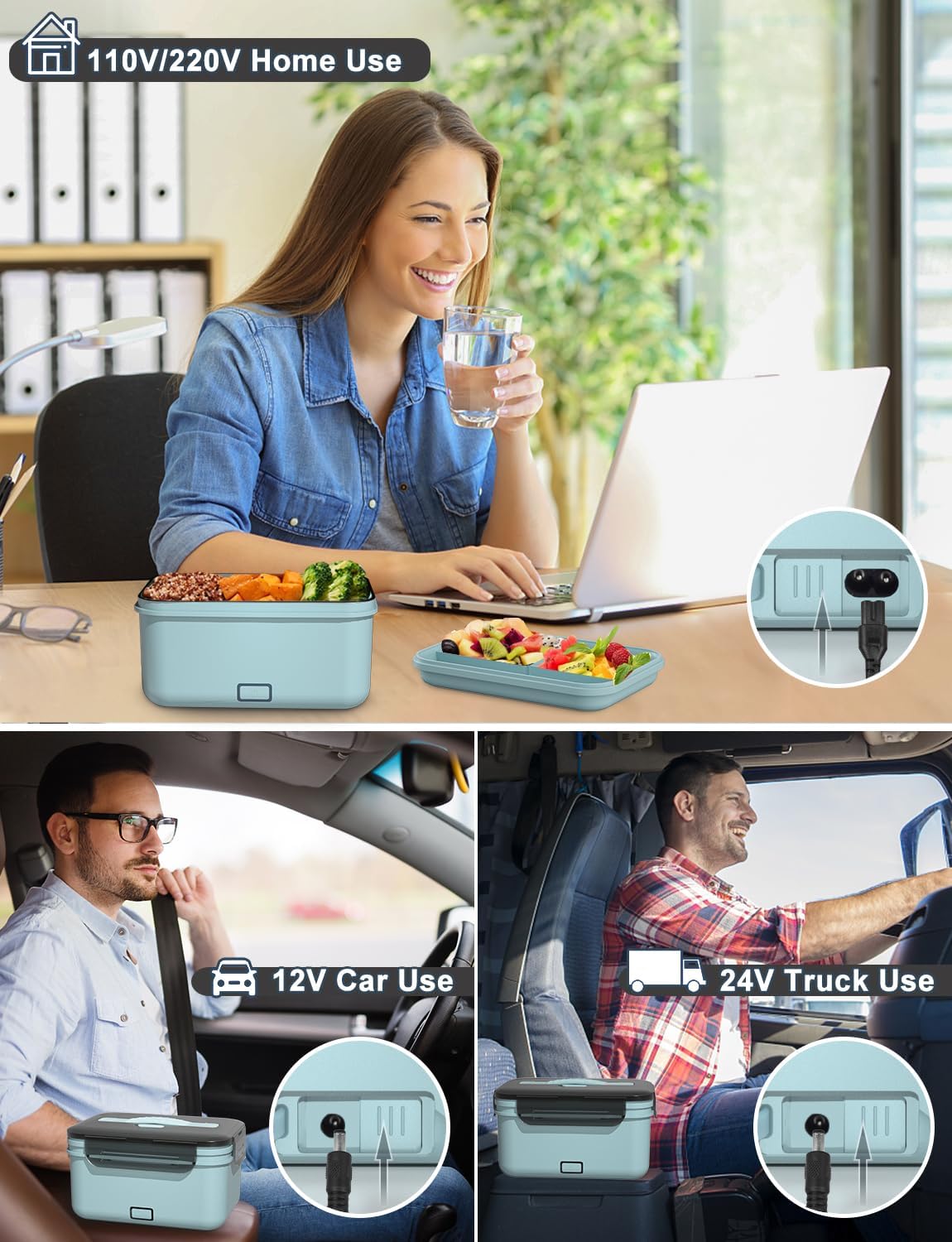 Monteka Electric Lunch Box Food Heater, New 100W High Power Portable Food Warmer, Heated Lunch Box for Adults Car/Home with 1.8L Removable Stainless Steel Container, 12V/24V/110V/220V