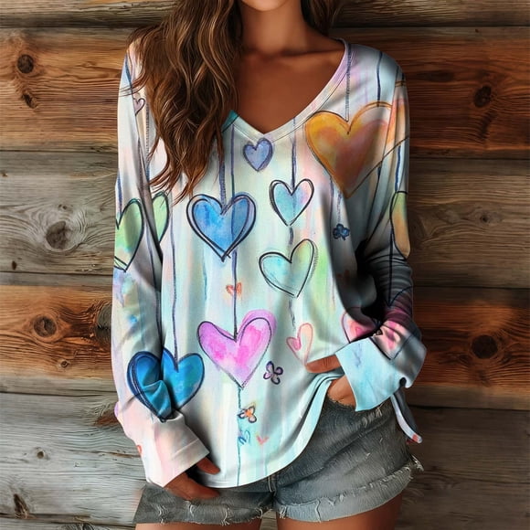 Uootdi Boho Tops for Women Love Heart Printed Graphic Long Sleeve Shirts Vintage Lightweight Casual Loose Graphic Blouses Gift
