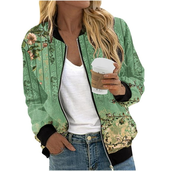 Dasayo Green Coats for Women Bohemian Bomber Full-Zip Jackets Floral Light Fashion Streetwear Jackets for Women L