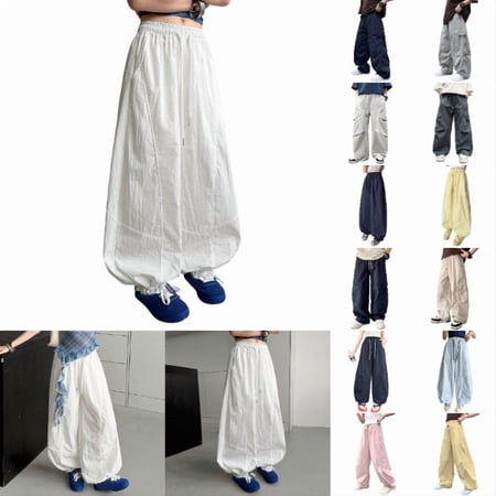 Krdevn Kids Lightweight Cargo Pants Elastic Drawstring Wide Leg Casual Summer Trousers White 15-16 Years