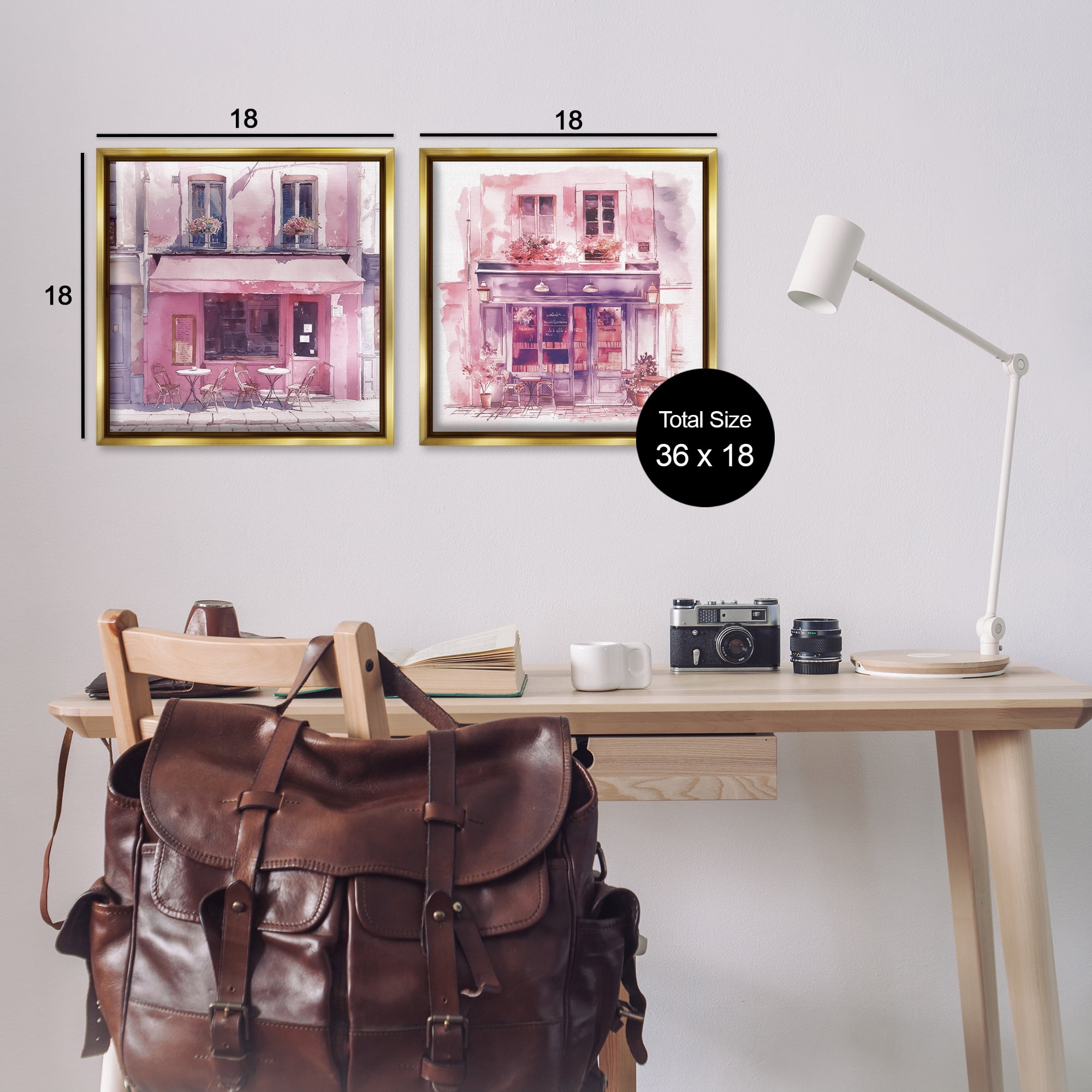 Stupell Industries Pink Outdoor Café Tables Buildings & Architecture Painting Gold Floater Framed Canvas Art Print Wall Art, 18 x 18, Set of 2