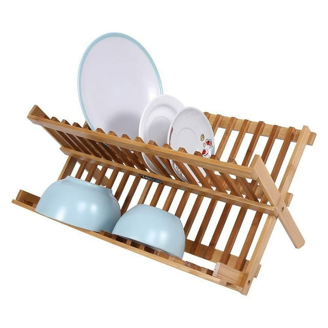 Plato de Fregadero Plegable de bambú de Doble Nivel Rack Organizador de Cocina, Estantes de Drenaje para Platos y Tazones Ventilación con Diseño Portátil y