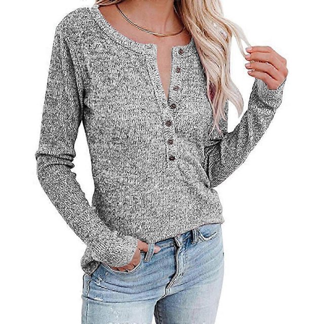 Women Crew Neck Fitted Tops Women Long Sleeve Henley TShirts Button Down Slim Fit Tops Long Button Up Shirt Gray 3XL
