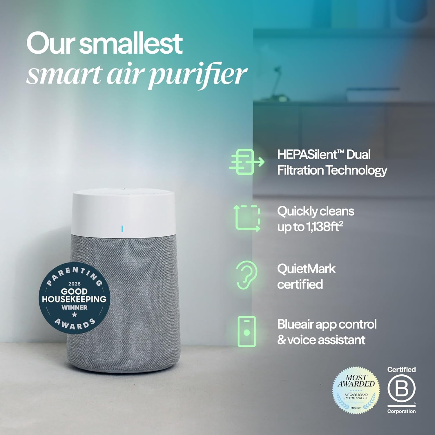 Blueair 511i Max Smart Air Purifier for Bedroom & Small Rooms up to 926 Sq Ft, HEPASilent Air Cleaner for Pets, Allergies, Smoke & Dust, Quiet WiFi Air Purifier with Auto Mode - Limestone
