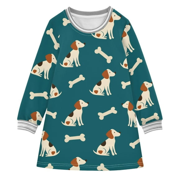 Girls' long-sleeved dress Dog Bone Girls' A-line dress with ribbed cuffs Soft and comfortable