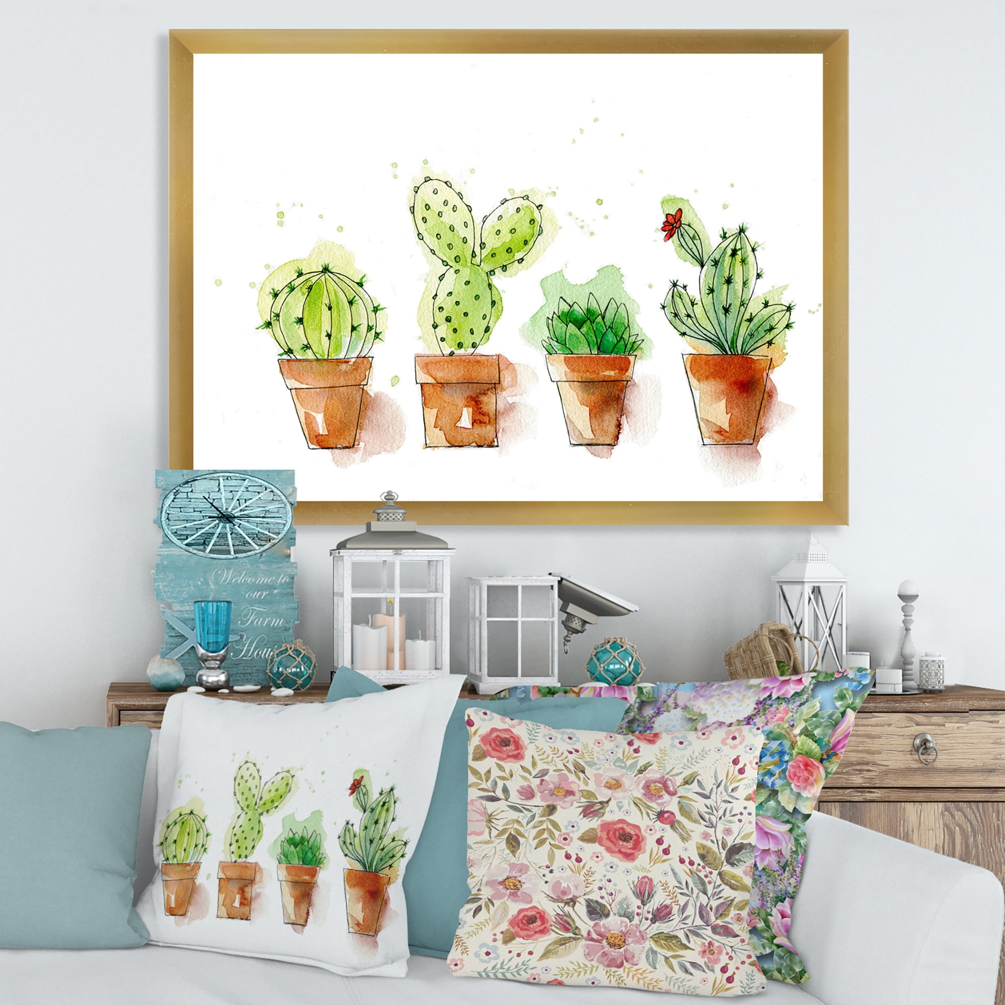 Designart 'Cacti In Gentle Tones In Ceramic Pots I' Traditional Framed Art Print