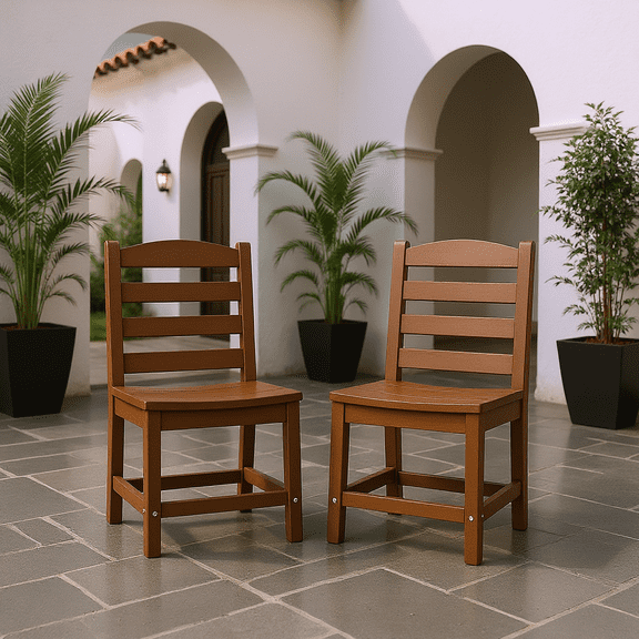 HDPE Outdoor Armless Chairs Set of 2, 100% Recycled Plastic Brown Patio Chairs for Dining Seating