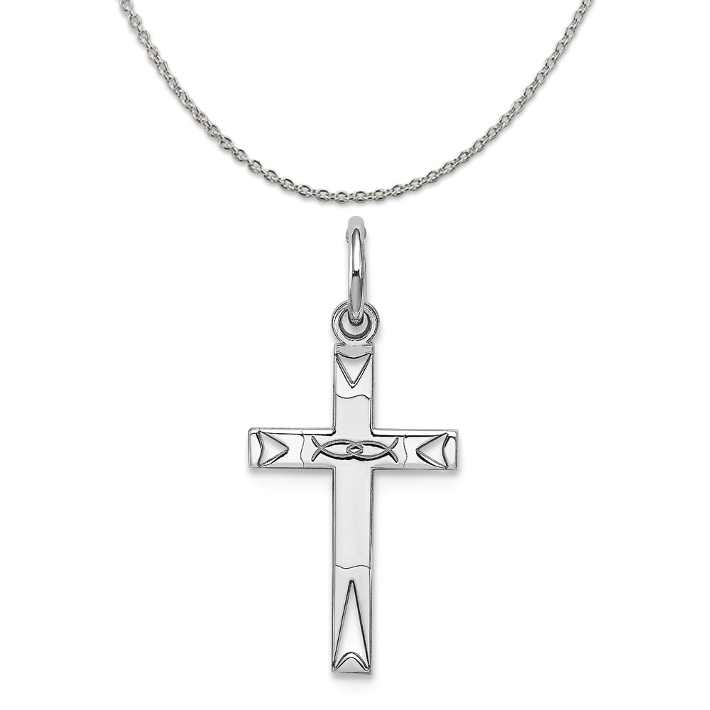 Carat in Karats Sterling Silver Rhodium-Plated Laser Designed Cross Pendant 30mm x 16mm Carat in Karats Sterling Silver Rhodium-Plated Laser Designed Cross Pendant 30mm x 16mm