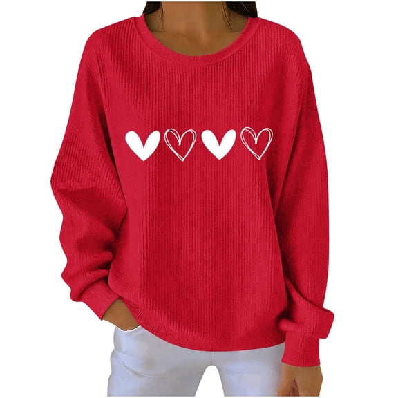 FAWUUDO Womens Romantic Valentines Graphic Sweater Long Sleeve Crewneck Knit Pullover Printed Casual Cozy Holiday Top Red S