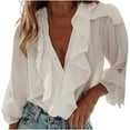 thumbnail image 3 of IROINNID Deals Womens Long Sleeve V-Neck Shirts Lounge Solid Ruffle Shirt Blouse Tops,White, 3 of 6