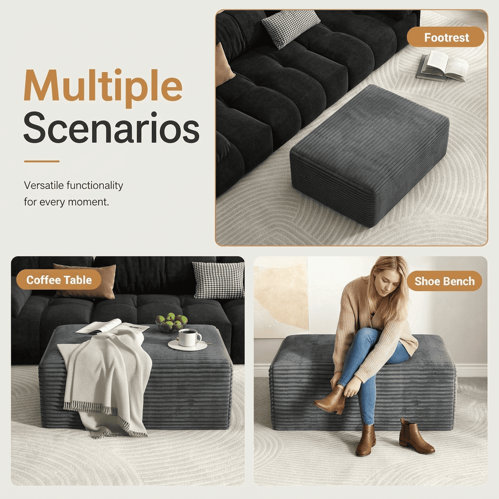 Large Oversized Corduroy Ottoman Footrest for Sofa Large Rectangle Floor Bench Extra Seating Coffee Table for Living Room, No Assembly (Gray)