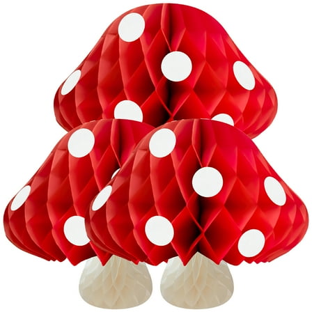 Red Cardboard Mushroom Honeycomb Ornaments for Decor Birthday Party Supplies 3 Pieces