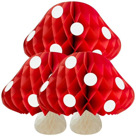 Red Cardboard Mushroom Honeycomb Ornaments for Decor Birthday Party Supplies 3 Pieces