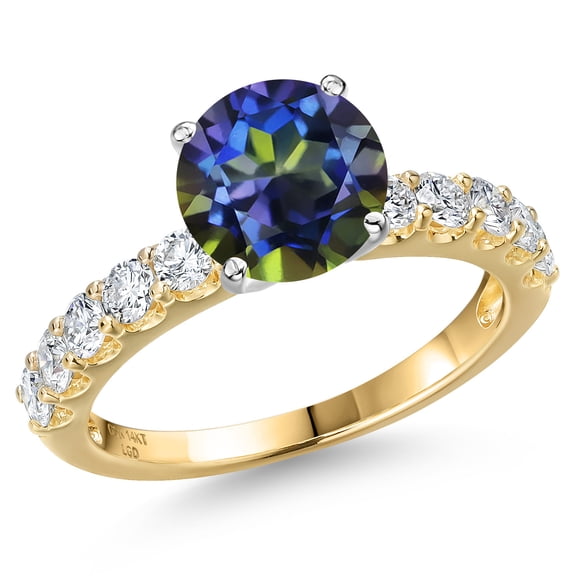 Gem Stone King 14K Two Tone Gold Blue Mystic Topaz and Lab Grown Diamond Engagement Ring for Women | 2.65 Cttw | Round 8MM | Gemstone November Birthstone | Size 7