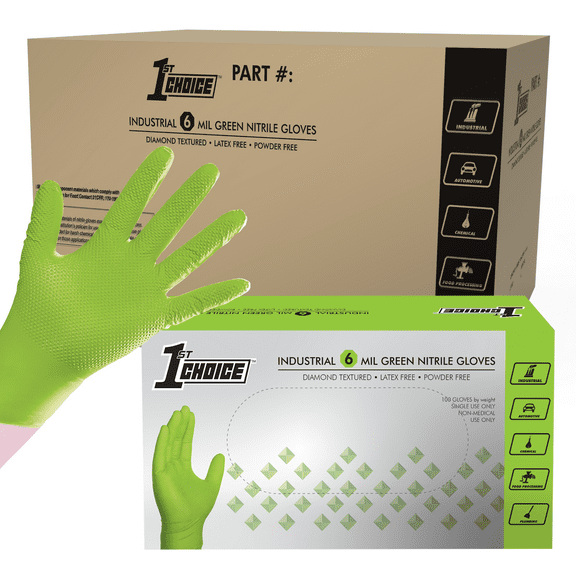 1st Choice Green Disposable Nitrile Gloves Size Medium, 1000 Count, Diamond Grip