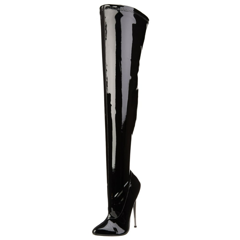 Devious - Black Patent Stretch Thigh High Boots with 6.25 Inch Brass ...