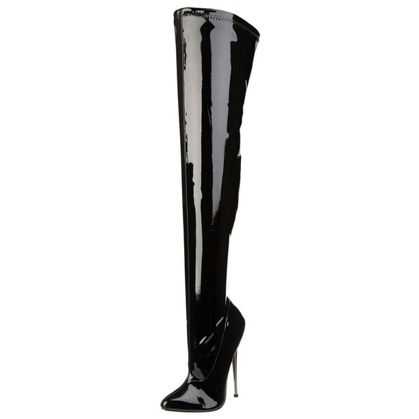 Devious - Black Patent Stretch Thigh High Boots with 6.25 Inch Brass Fetish Heels Size: 5