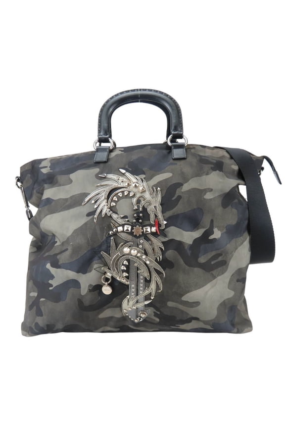 Pre-Owned Prada tote bag, camouflage, dragon & sword design, nylon and leather, gray black,...