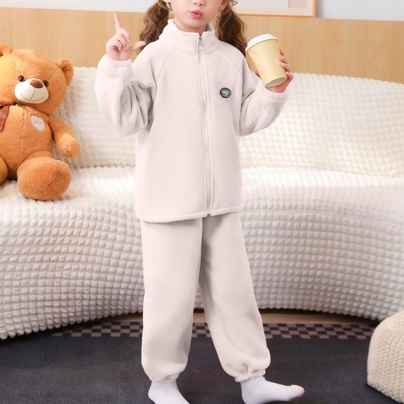 FAIOROI Girls Loungewear Set 2-Piece, Ultra Soft Warm Beige Full-Zip Jacket & Sweatpants for 3-13 Years Girls,Size 5 T