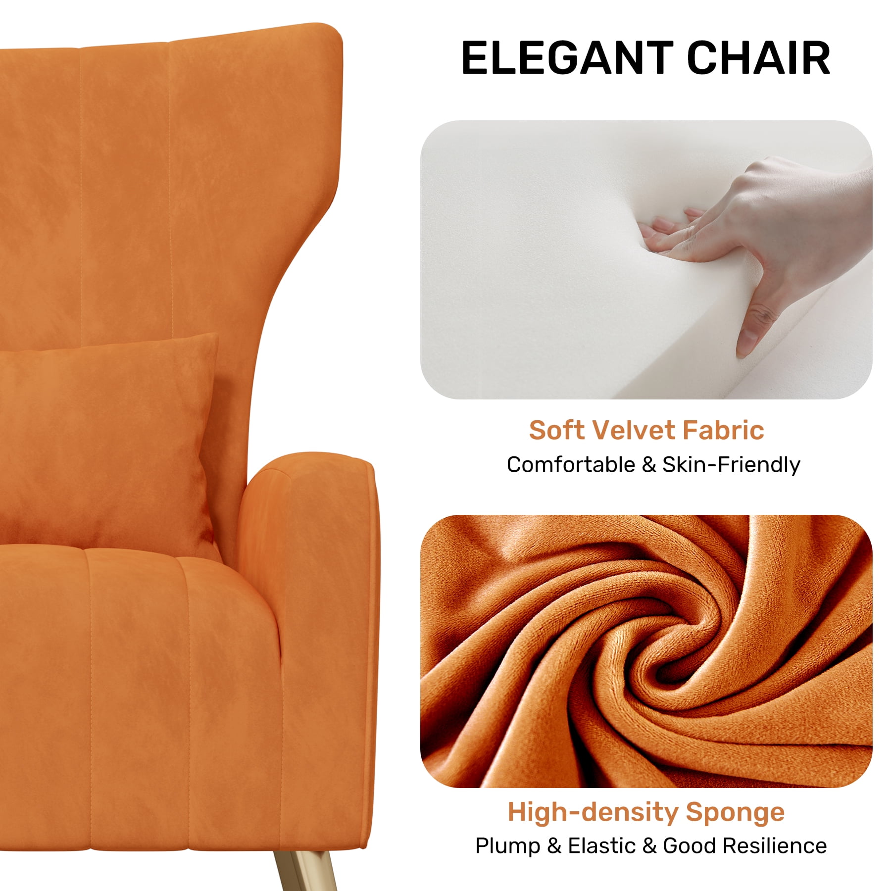 MOONMISS Velvet Accent Chair for Living Room, Modern Arm Chair with Pillow, Single Sofa Lounge Chair for Bedroom & Reading Room,Orange