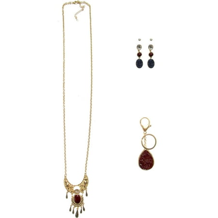 - Druzy Stone Gold-Tone Necklace, Earrings and Keychain Gift Set, 3-Piece