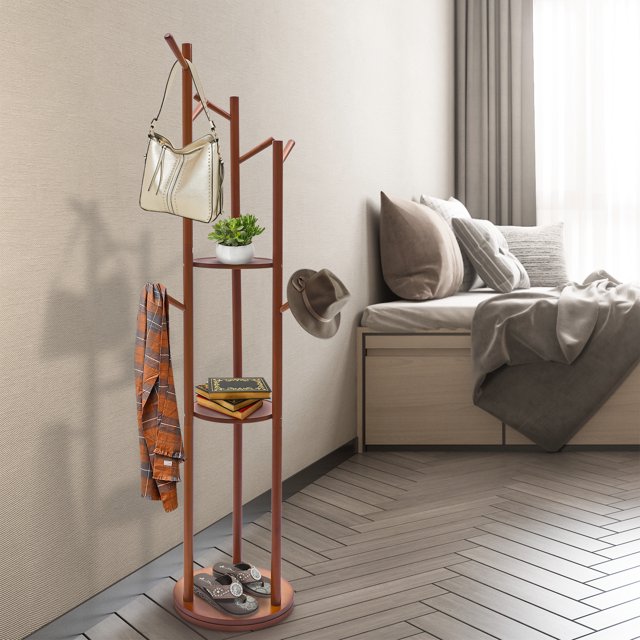 Free Standing Coat Rack with Shelves, Rotary Coat Rack Stand for