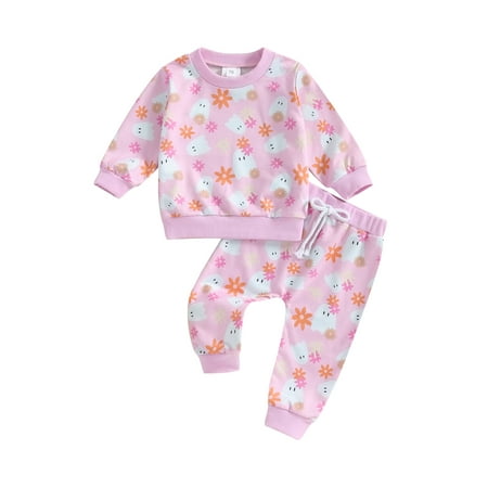 

Niceyoeuk Toddler Girls Halloween Outfits Floral Ghost Print Long Sleeve Sweatshirt and Elastic Pants Set Baby Cute Clothes