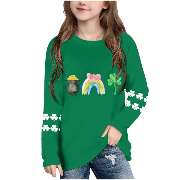 Blusas y camisas de manga larga con cuello redondo, moda del Día de San Patricio, blusa informal con estampado bonito de manga larga para niños y niñas.