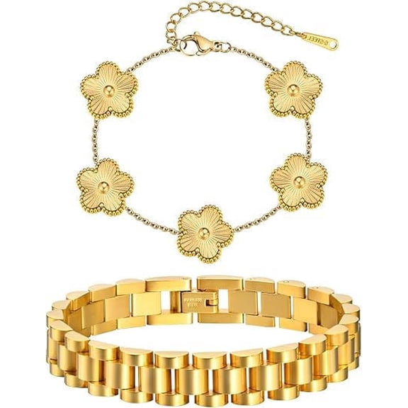Stackable Gold Floral Bracelets Set , 2pcs 18K Gold Plated Bracelet Non-tarnish,Stainless Steel Link Chain Friendship Bracelet,Watch Band Trendy Jewelry,Christmas Valentines Birthday Gifts for Women