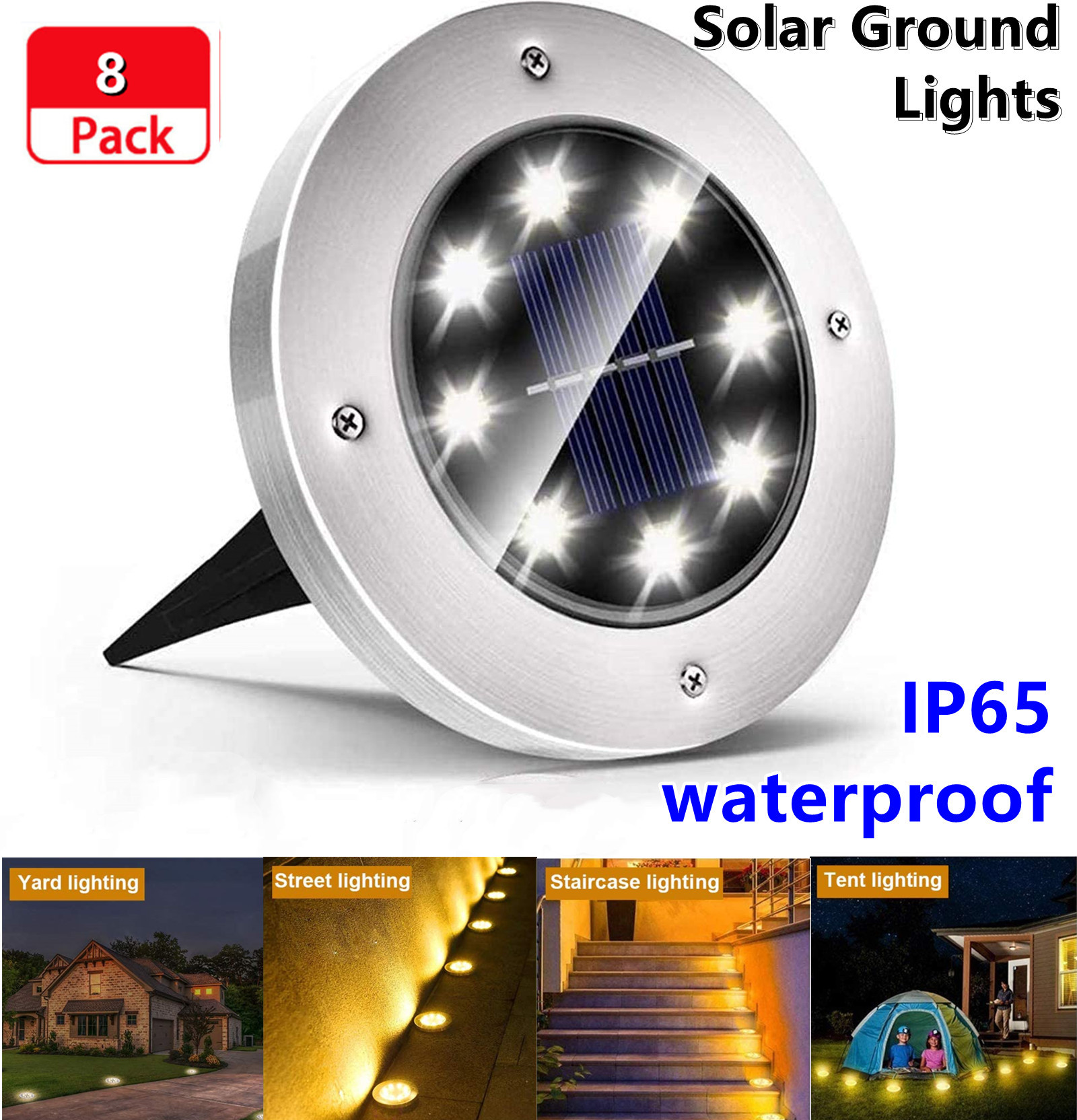 Solar Ground Lights, 8 Pack Solar Lights Outdoor, 8 LEDs Solar Garden