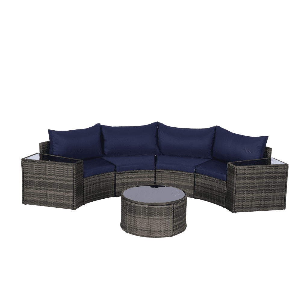 Modern 7 Pcs Outdoor Furniture Set (1 Coffee Table, 2 Side Table, 4 Curved Armless Sofa), Half-Moon Sectional Patio Furniture Set for Backyard, Poolside, 4 Available Color Cushion