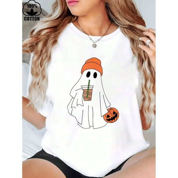 Halloween T-Shirt 100% Cotton Ghost Drinking Coffee Ghost Ice Coffee Men Women Women's Tee Causal Breathable Classic Comfort Tops